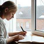 A serene individual journaling by a window after a sound therapy session, bathed in soft natural light, reflecting on their experience. Emphasize calmness and introspection. Scandinavian interior design elements in the background.