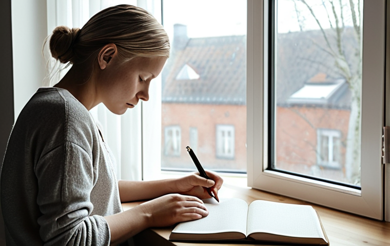 A serene individual journaling by a window after a sound therapy session, bathed in soft natural light, reflecting on their experience. Emphasize calmness and introspection. Scandinavian interior design elements in the background.
